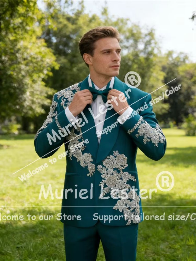 Men Formal Wear Green - Özel Yeşil Takım Elbise Erkekler Boncuklu