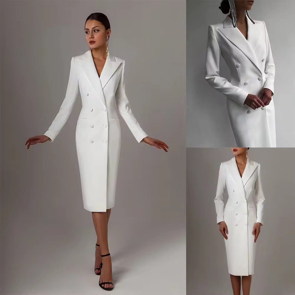 Men Formal Wear Wedding Guest - Sonbahar Beyaz Kruvaze Kadın Uzun Ceket