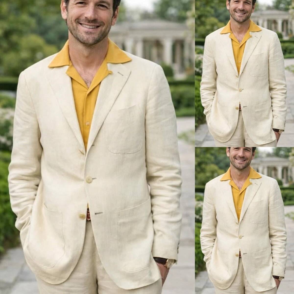 Men'S Relaxed Formal Wear - Bej Keten 2 Parça Erkek Takım