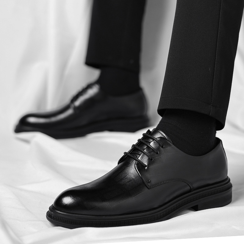 Men Formal Wear All Black - Erkek Siyah Dokulu Deri Sivri Burun