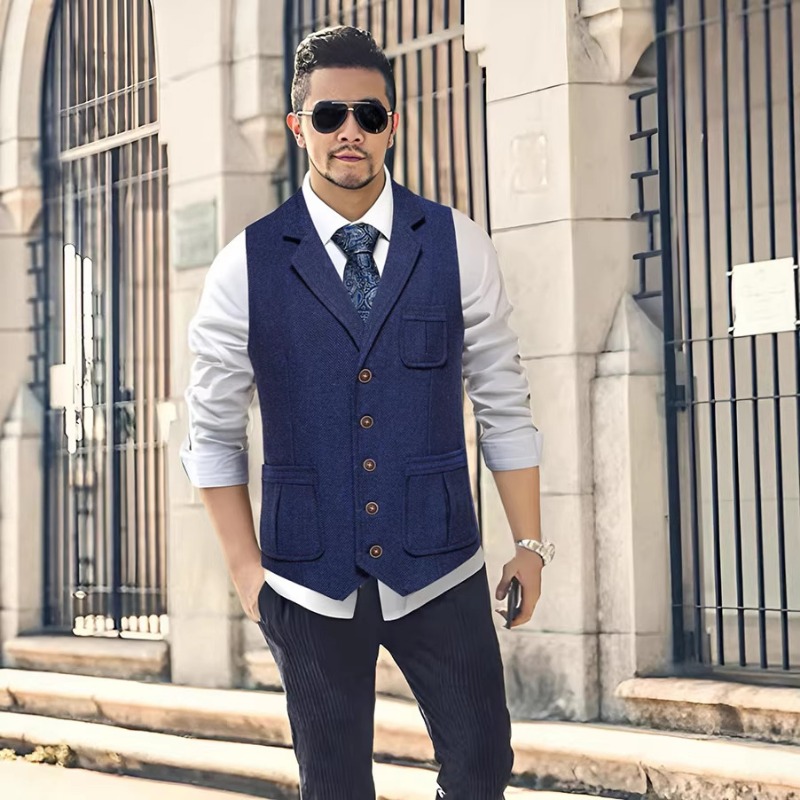 Men'S Vintage Formal Wear - Erkek Balıksırtı Desenli Tüvit Yelek, Çentikli