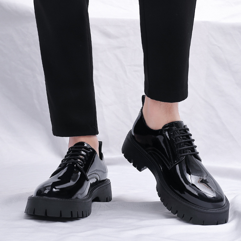 Men Formal Wear All Black - Erkek Siyah Rugan Bağcıklı Kalın Platform