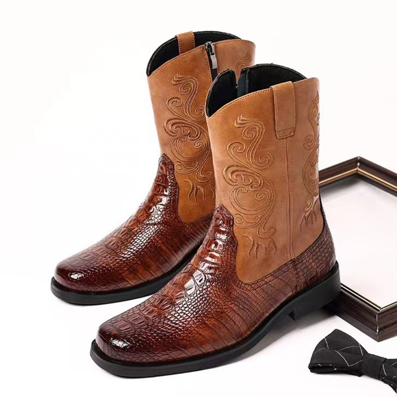 Men'S Ethnic & Formal Designer Wear Studio S - Şık Kabartmalı Günlük Erkek Kovboy Botları