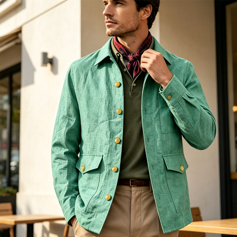 Men'S Vintage Formal Wear - Vintage Erkek Keten Ceket Yaka Düğmeli